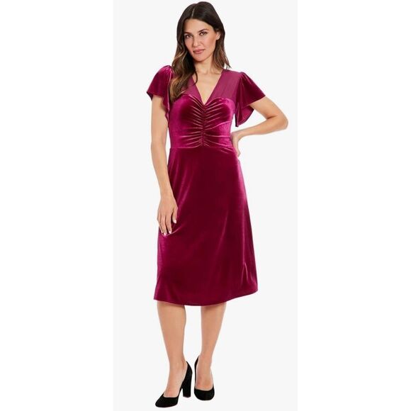 London Times Women's Illusion Flutter SLV Ruched Midi -14 - Picture 1 of 7